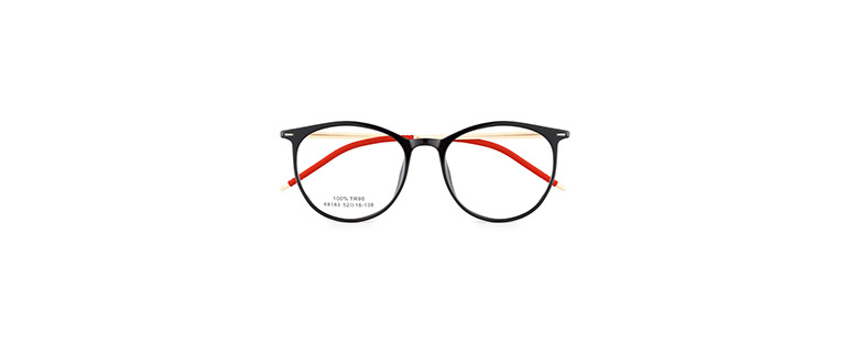 Imagem de um modelo de óculos de grau Kessy no formato redondo e com armação nas cores vermelha e preta. 