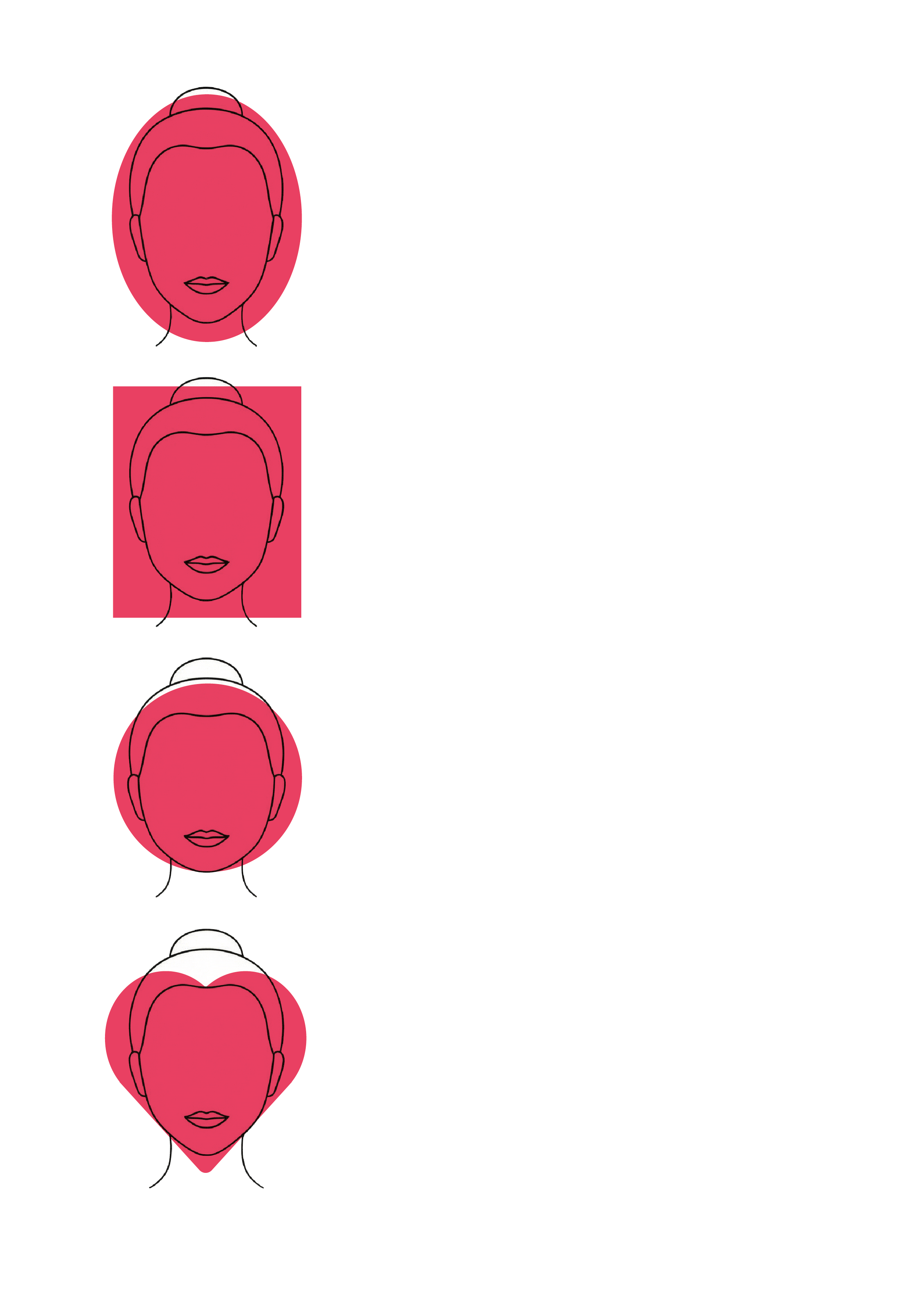 Ilustração dos 4 formatos de rosto principais: oval, quadrado, redondo e coração — guia visual Kessy